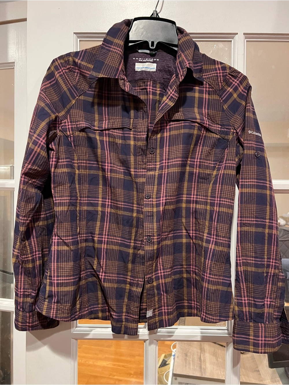 Columbia Plaid Button-Down Shirt - Navy, Pink & Brown